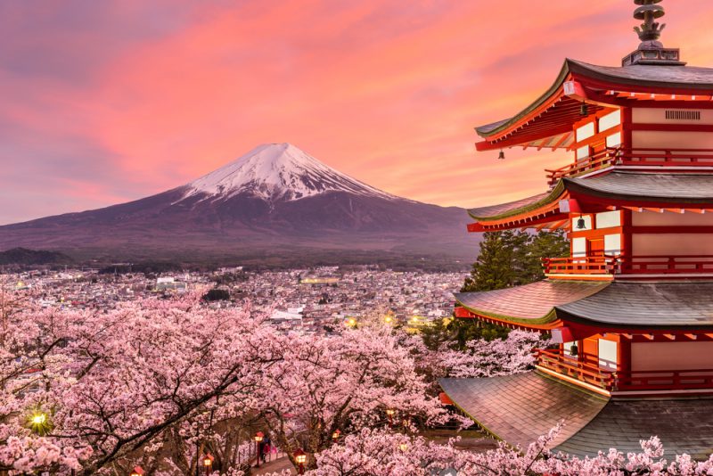 Fujiyoshida, Japan at Chureito Pagoda and Mt. Fuji in the spring with cherry blossoms