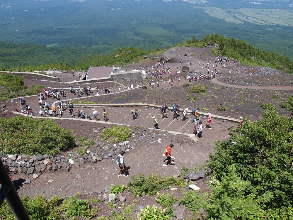 Crowds of climbers are climbing to the summit of Mount Fuji in Chubu region