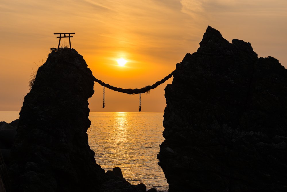 Meoto Iwa (Married Couple Rocks) of Cape Nomo at dusk in Nagasaki