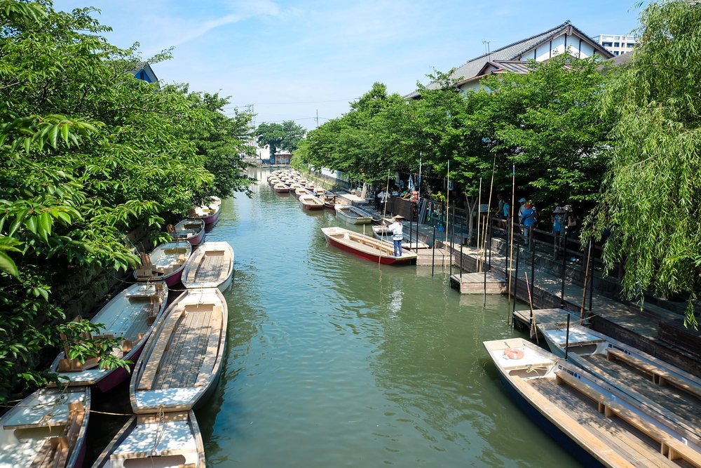 Traditional poled boat, parked at deck in Yanagawa, Fukuoka, Japan