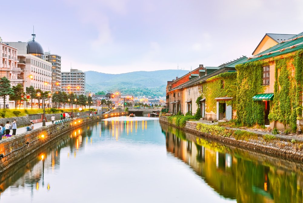 View of the Otaru Canal at dusk in Otaru, Hokkaido, Japan