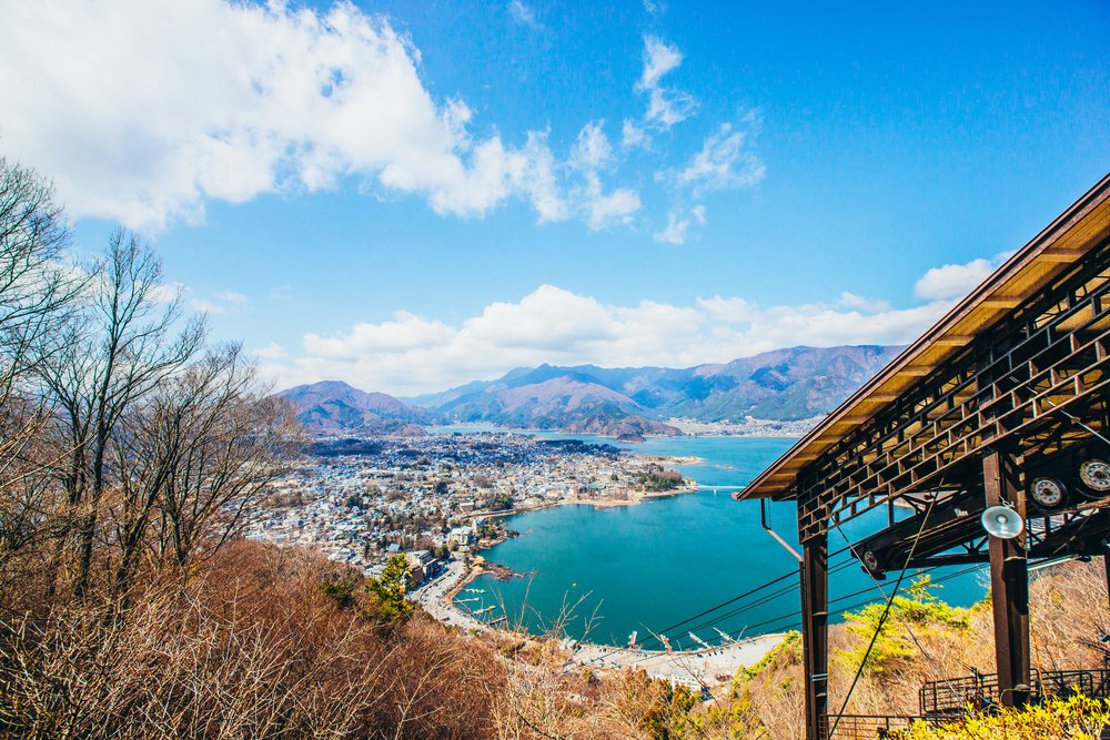 Lake kawaguchi and village viewed from Kawaguchiko Tenjoyama Park Mt. Kachi Kachi Ropeway