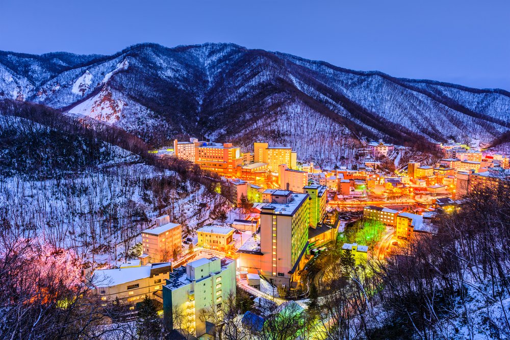 Noboribetsu, Japan hot springs town skyline