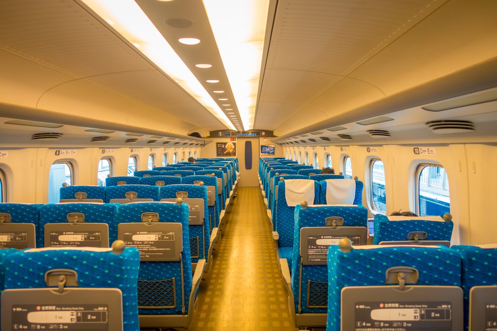 Indoor view of JR700 shinkansen bullet train departing Kyoto station in Kyoto,